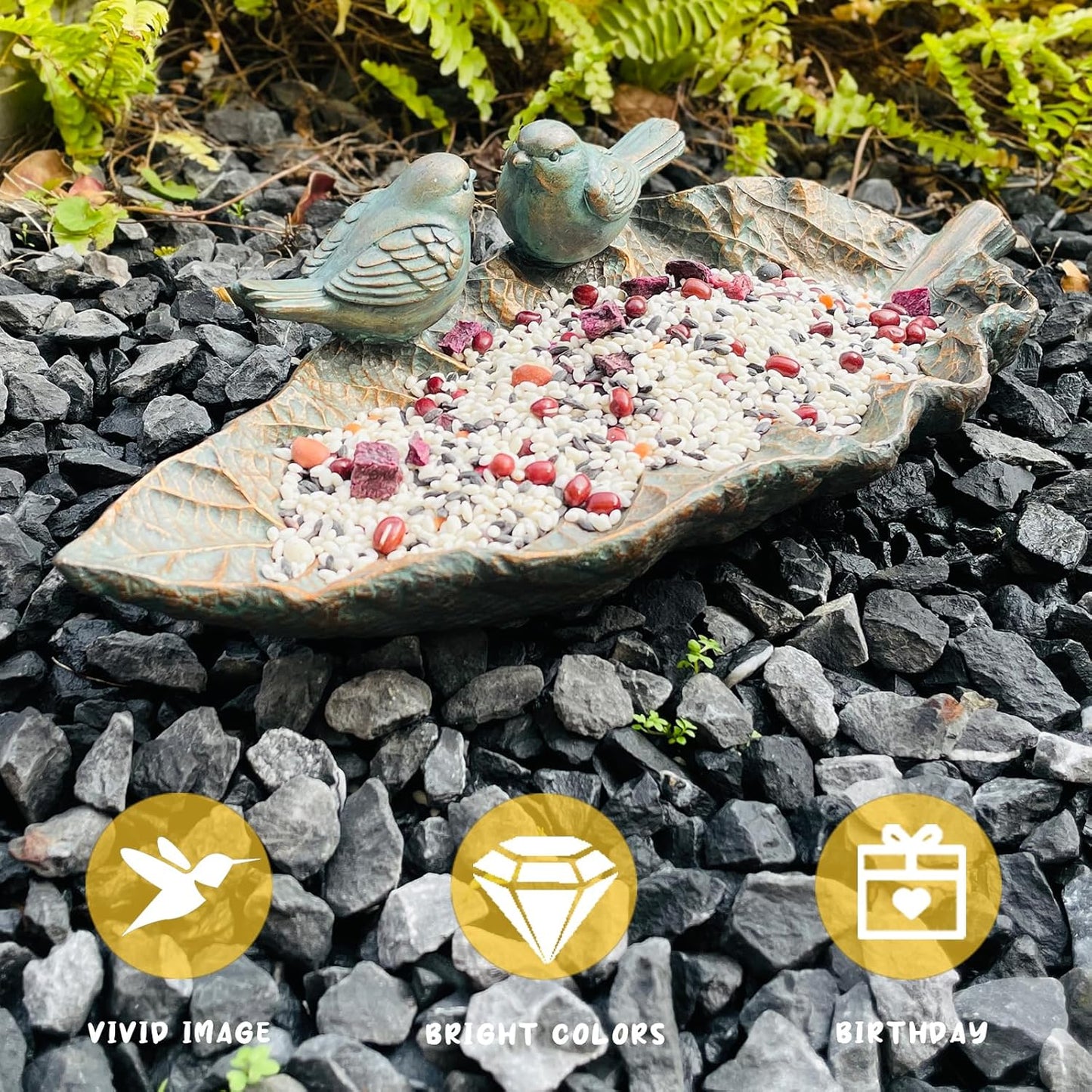 Outdoor Garden Bird Bath Sculpture, Polyresin on Leaf Bird Feeder, Garden Patio Deck Ground Gifts for The Family