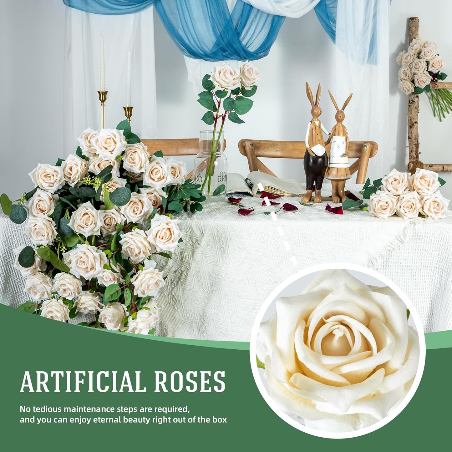 Fake Roses Faux Flowers 24PCS Silk Roses Artificial Roses with Stems Realistic Artificial Flowers Suitable for Indoor Home Decoration DIY Bouquet Wedding Decor Party Decor 16.5In (White)