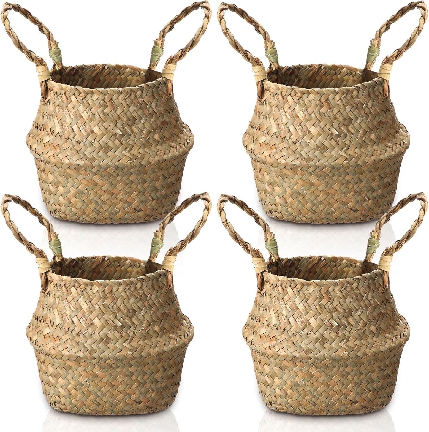 Qunclay 4 Pcs Woven Seagrass Baskets Belly Basket Folding Boho Natural Plant Pot with Handles Round Decorative Wicker Large Indoor Planter for Home Outdoor Tree Planters Decor (6.3 x 5.9 Inch)