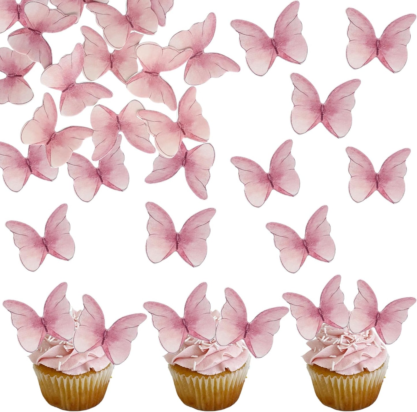 Ephlyn 48Pcs Edible Butterfly Cupcake Toppers Cute 3D Butterfly Cake Picks for Butterfly Theme Baby Shower Bridal Shower Boys Girls Birthday Party Cake Decorations Supplies Pink