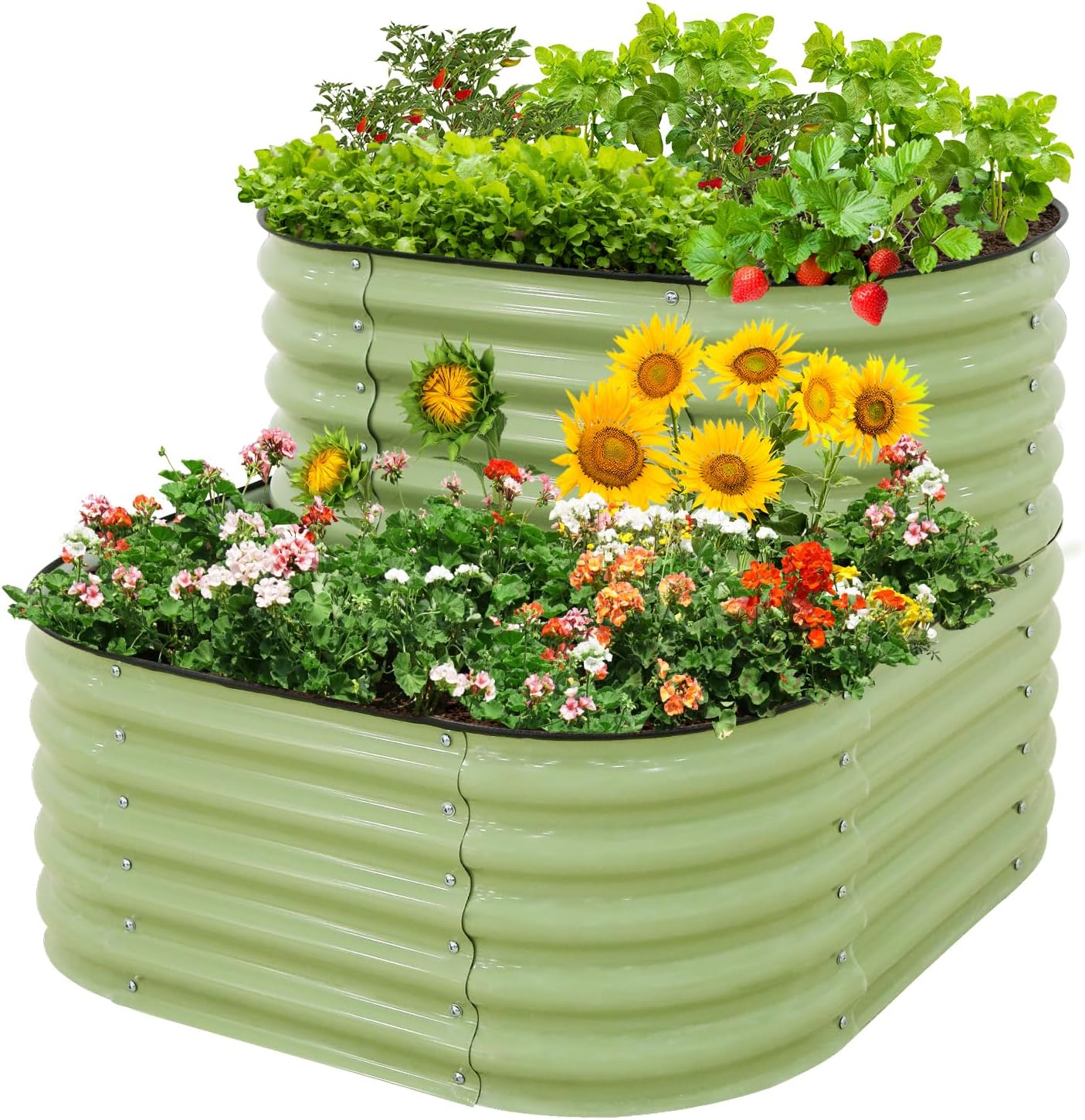 EAGLE PEAK 2-Tier Galvanized Raised Garden Bed Planters, Planter Boxes Outdoorfor Vegetables, Flowers and Herbs, Assembly Modular - 33in Overall Height, 41'' L x 43'' W, Olive Green