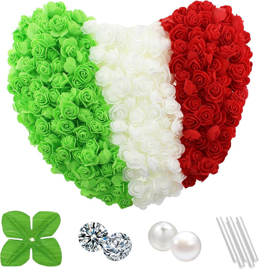 500 Pcs 1.4 Inch Mini Artificial Flowers Head Bulk 5 in 1 Set Faux Foam Fake Small Rose Tiny Baby Flores Bouquet Cake Gift Home Decoration DIY Craft (Coral Red, Green, White Mixed)