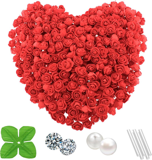 500 Pcs 1.4 Inch Mini Artificial Flowers Head Bulk 5 in 1 Set Faux Foam Fake Small Rose Tiny Baby Flores Bouquet Cake Gift Home Decoration DIY Craft (Coral Red)