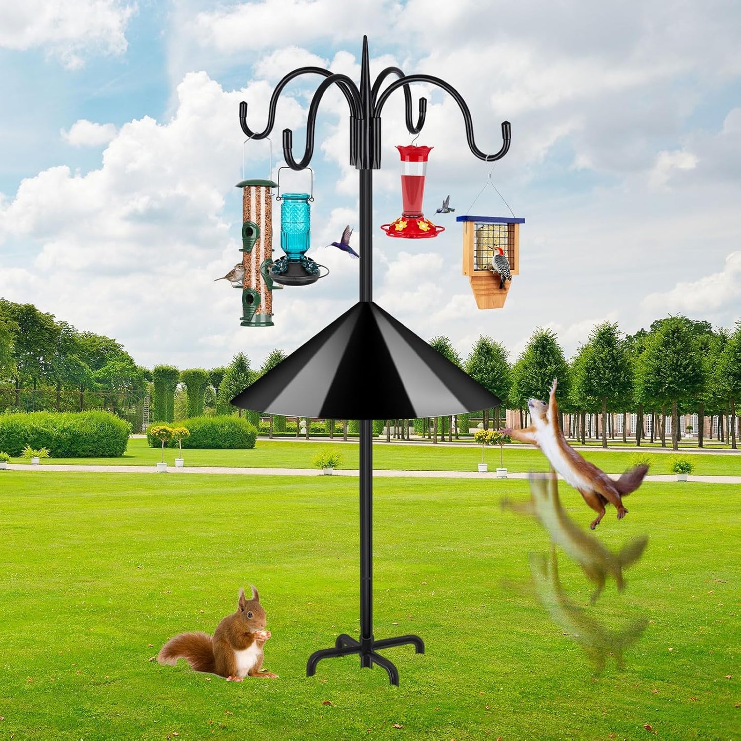FEED GARDEN 92 Inch Adjustable Shepherd Four Hooks with Squirrel Baffle Heavy Duty Garden Hooks 5-Prong Base Bird Feeder Pole for Hanging Plant Baskets Solar Lights Lanterns