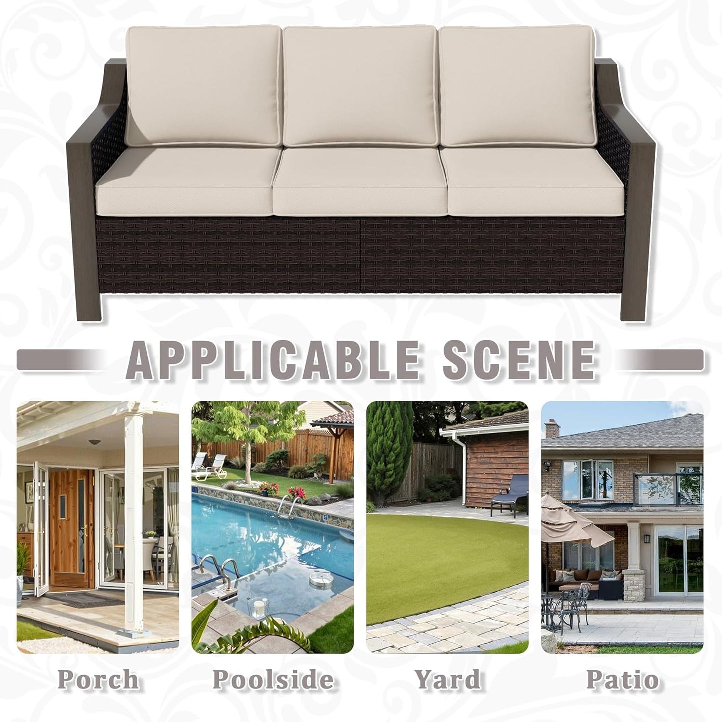 74 Inch Patio 3-Seater Sofa,PE Wicker Outdoor Lounge with Thick Removable Water-Resistant Cushions, Rust-Proof Steel Frame, 900LBS Capacity, Beige