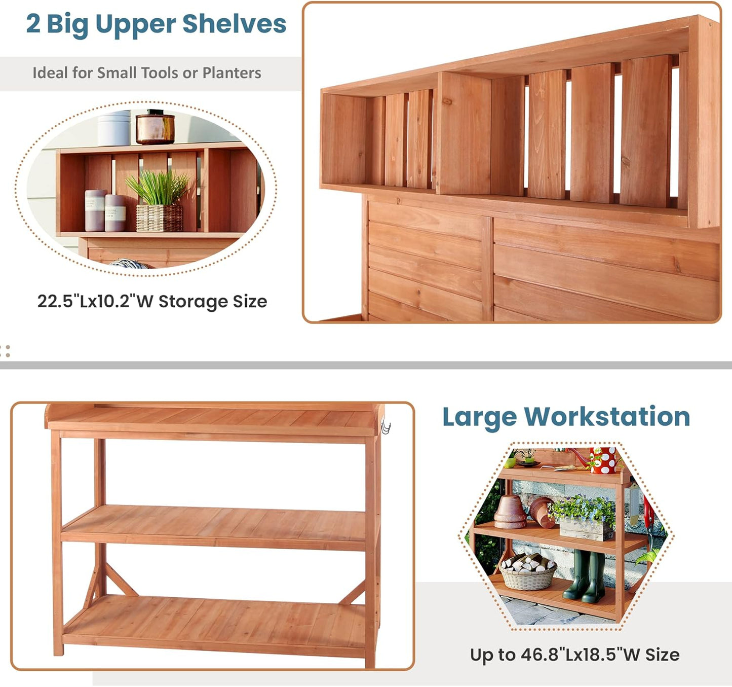 Merax 65" Large Wooden Farmhouse Rustic Outdoor Potting Bench Table with 4 Storage Shelves and Side Hook, Patio Workstation, for Garden, Backyard, Natural