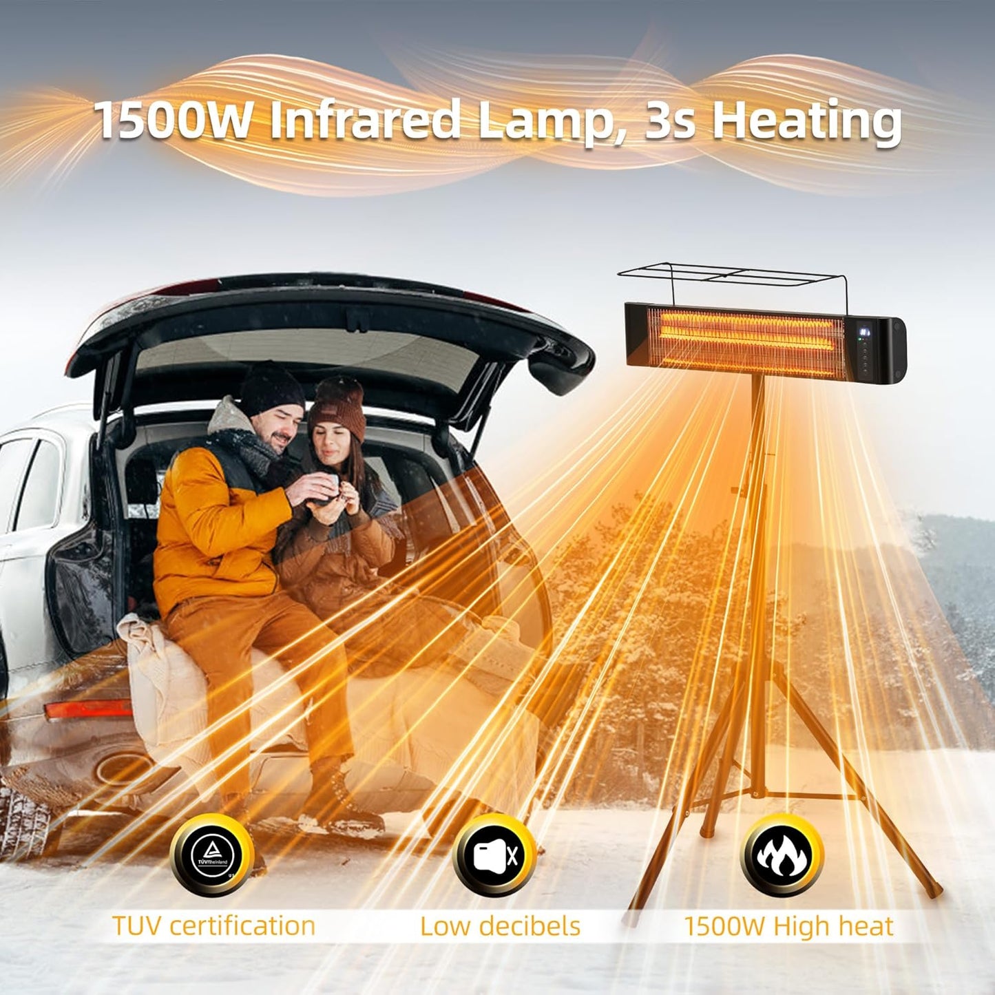 Outdoor Electric Heater RealSmart 1500W Portable Outdoor Patio Use 3 Heat Modes Wall Mounted Ceiling Tripod Heater Waterproof IP65 TUV Certification for Restaurant Garage