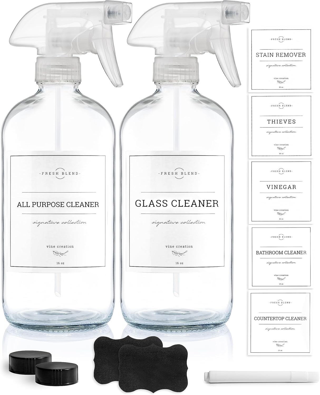 Vine Creations Glass Spray Bottles, 2 Pack Refillable Spray Bottles for Cleaning Solutions, Clear Spray Bottle for plants, Water Spray Bottle Sprayer, Glass Spray bottles 16 oz with Waterproof Labels