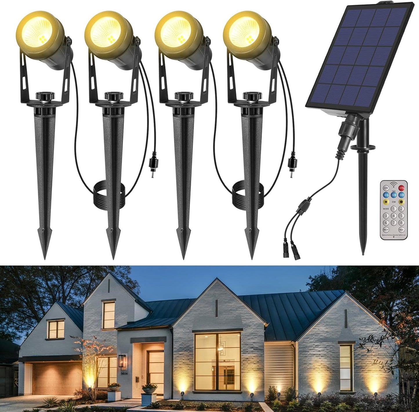 Solar Spot Lights Outdoor, 4-in-1 Landscape Lights with Remote Control, Auto On/Off Solar Uplights for Yard Garden Tree Decoration (Warm White)