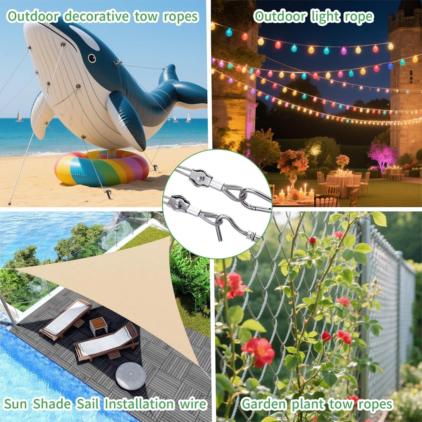 5/32" Wire Cable Rope Kit ，Vinyl Coated 304 Stainless Steel Wire – 200FT 7x7 Strand Cable with Turnbuckles，Shade Sail & Hanging Lights Hardware Kit for Outdoor, Garden,Patio, Crafts,