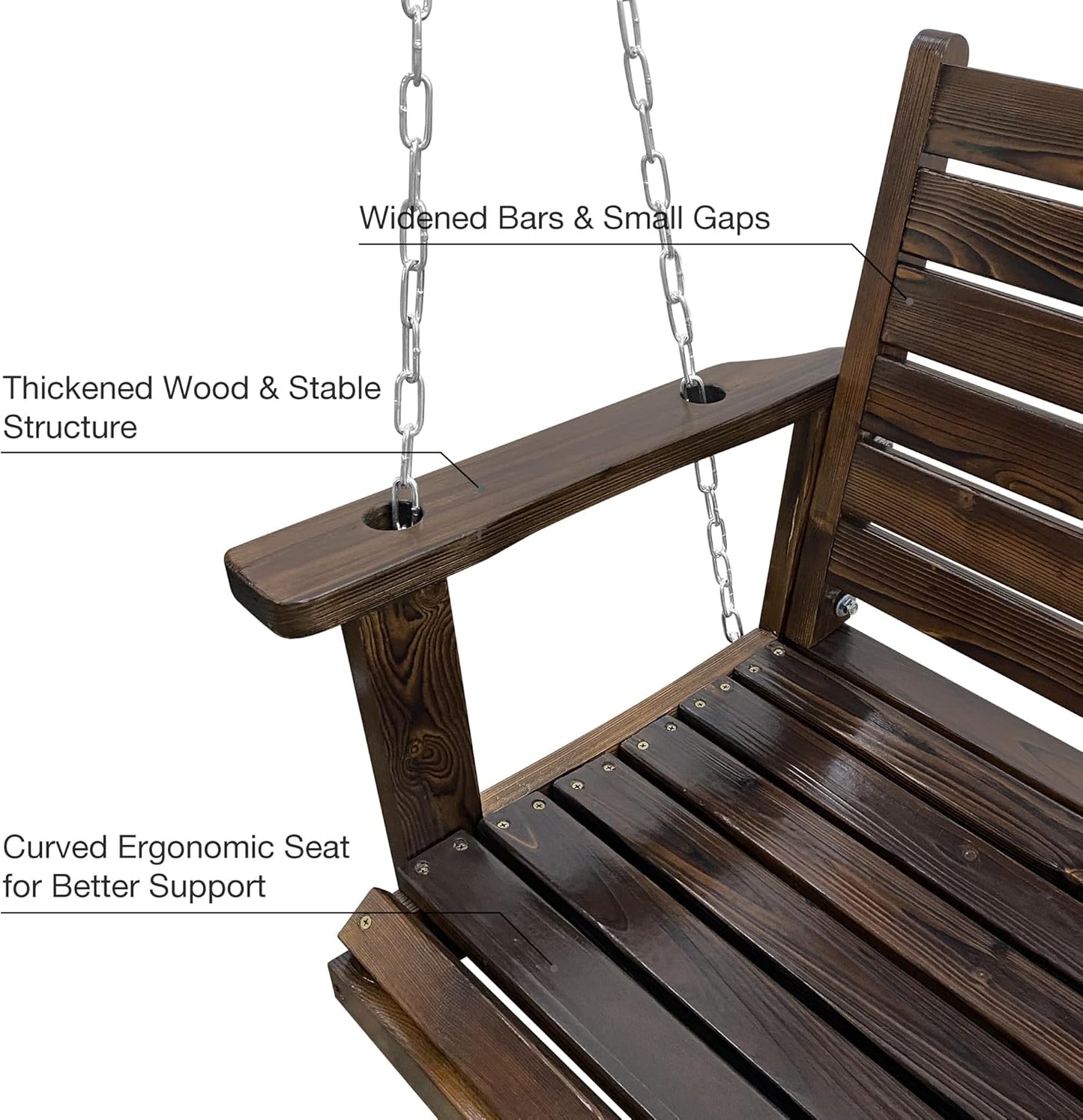 Wooden Porch Swing, Ergonomic Seat, Bench Swing with Hanging Chains and 7mm Springs, Heavy Duty 880 LBS, for Outdoor Patio Garden Yard (Dark Brown, 2-Seater)