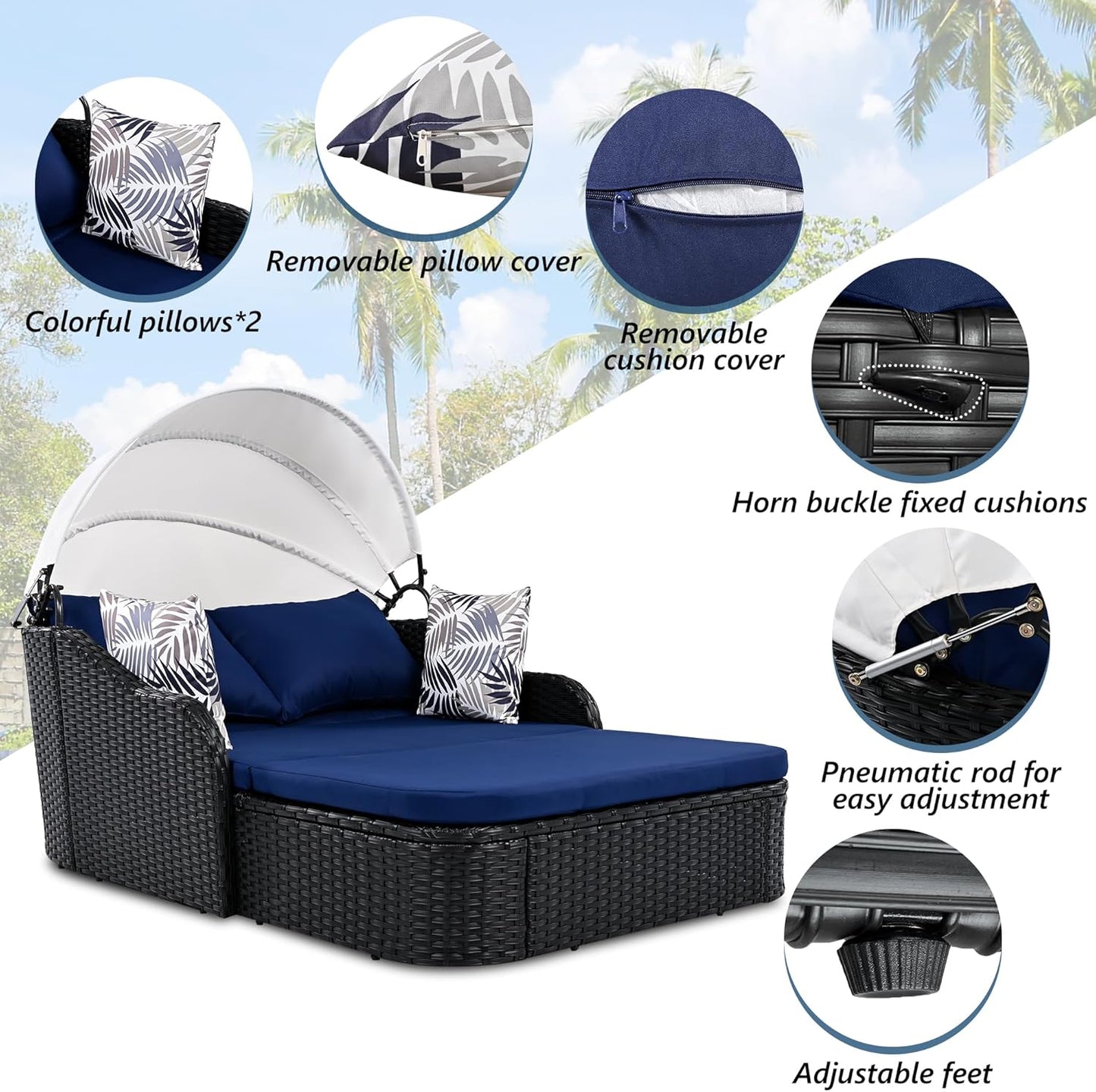 kevinplus Outdoor Patio Sunbed Daybed Double Lounge with Adjustable Canopy for Garden Backyard Pool, PE Rattan Wicker Material & Moveable Cushion Cover, Blue & Black
