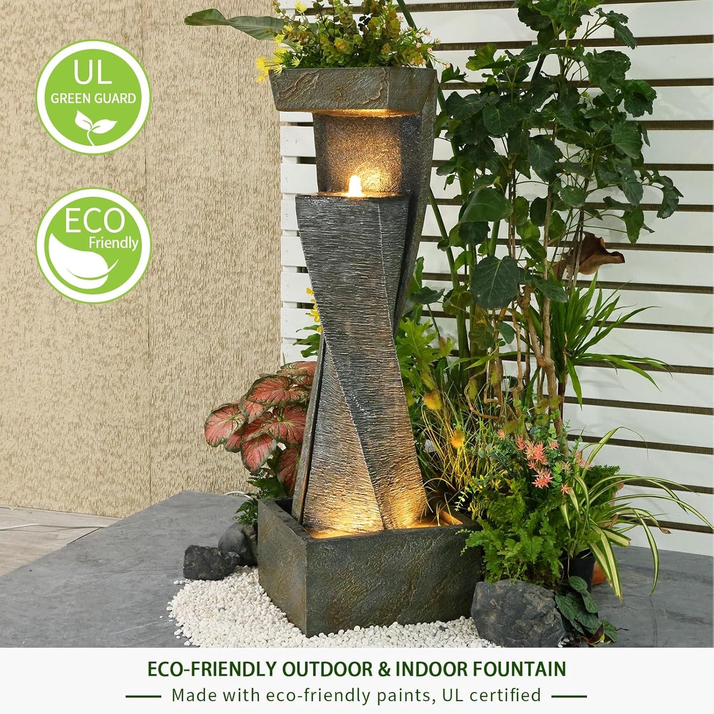 Garden Modern Outdoor Fountain, 47.2" Floor Standing Outdoor Water Fountains with Lights for Garden, Backyard, Patio, Porch, Deck and Home Art Decor