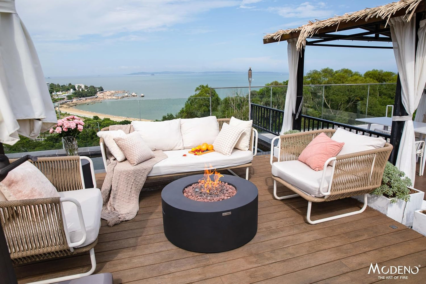 AMS Fireplace | Modeno Venice Package | Black Liquid Propane Gas Fire Pit Table for Outdoor Patio Bundle with Tank Cover, Wind Guard, and SS Burner Lid | Free Rubber Mat & Ice Bucket