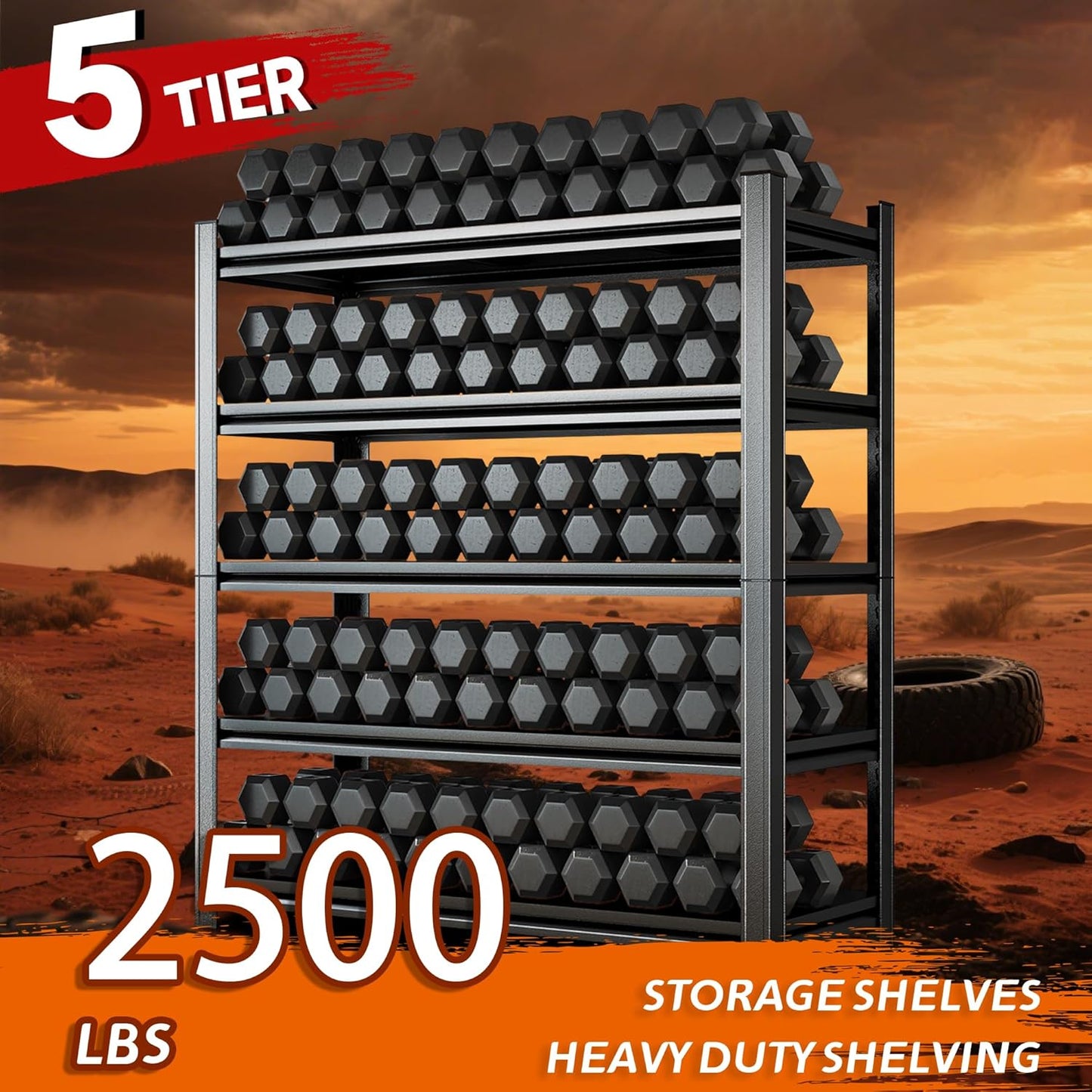 Heavy Duty 5-Tier Shelving Unit 2500LBS Capacity - Adjustable Steel Garage Shelves for Warehouse, Basement Storage(63''H x 45.3''W x 15.7''D)