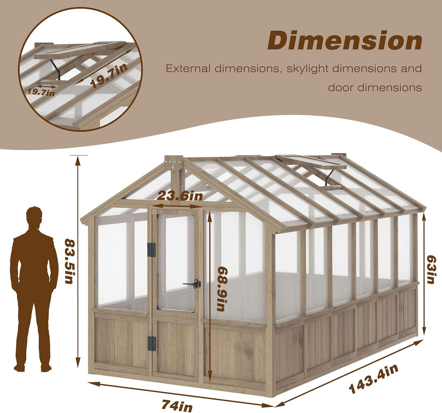 Mupater 6'x12' Wooden Polycarbonate Greenhouse,Outdoor with Ventilated Window and Lockable Door, Walk-in Greenhouse for Backyard, Patio, Lawn, Brown