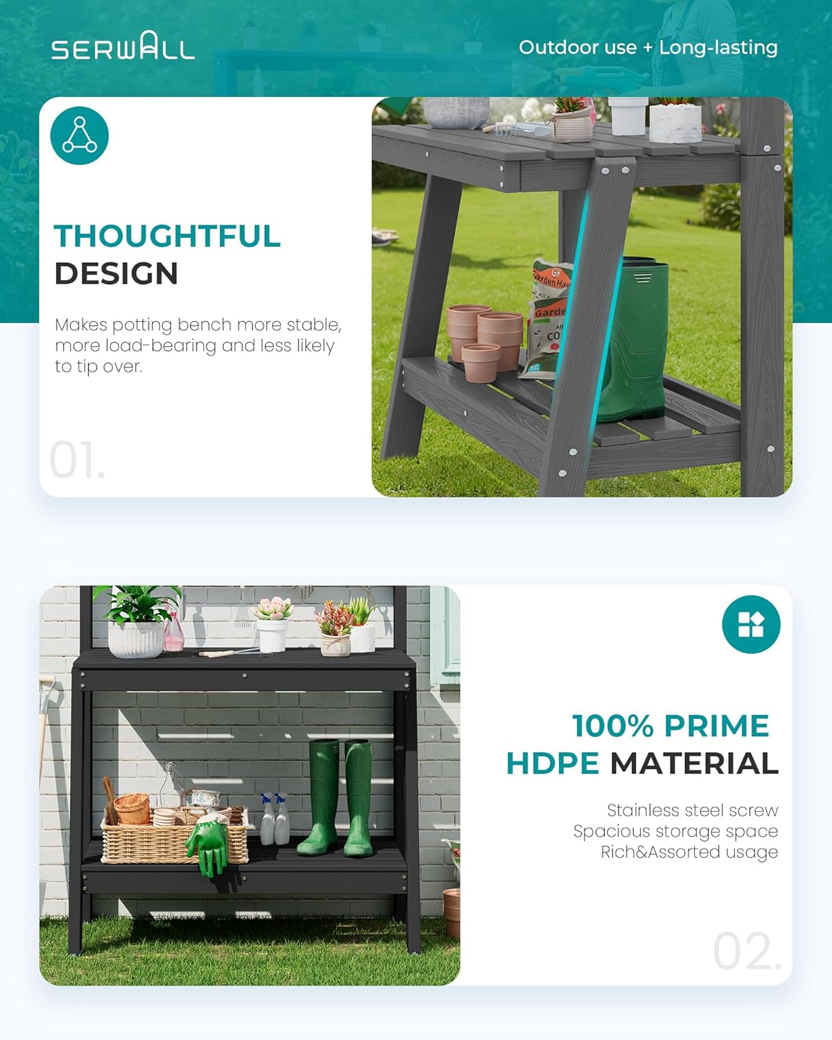 SERWALL Potting Bench Outdoor with Storage Set of 2, 3-Tier HDPE Gardening Table with Angled Legs & Tool Hooks, All-Weather Heavy Duty Potting Table for Patio, Backyard, Garden, Black