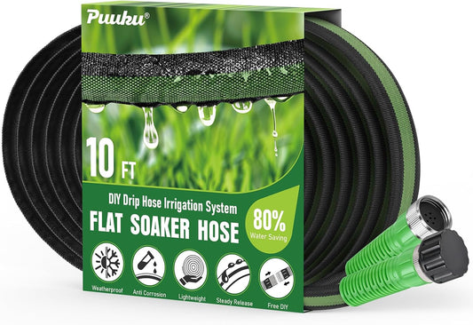 Flat Soaker Hose 10FT for Garden and Lawns, 80% Water-Saving Drip Irrigation Hose with Anodized Aluminum Ends, Flexible Leakproof Double Layer Gardening Hoses ﻿