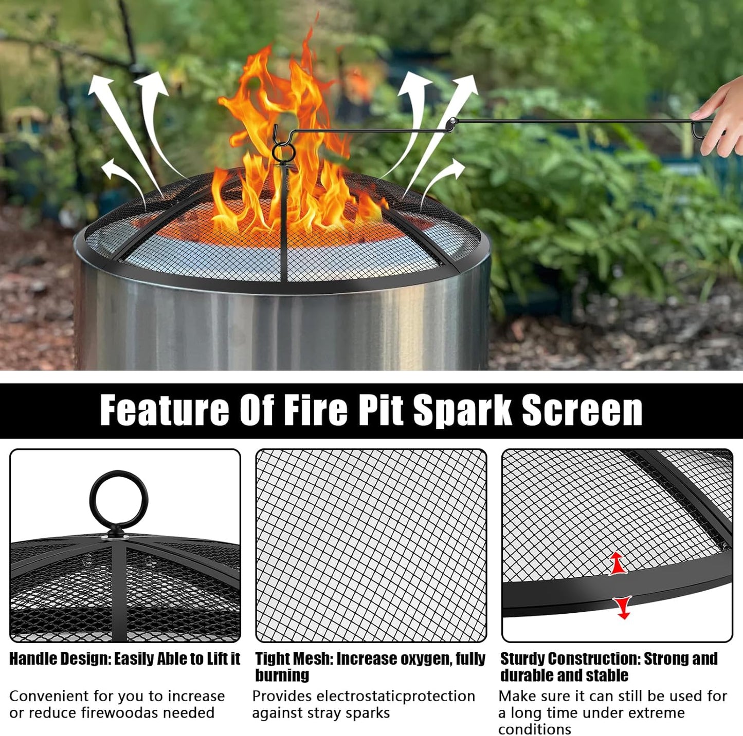 Fire Pit Spark Screen, Fire Pit Screen 36 Inch Round with Handle & Poker, Collapsible Heavy Duty Mesh Fire Pit Cover Fire Pit Lid for Outdoor/Patio/Backyard/RV Camping/Beach