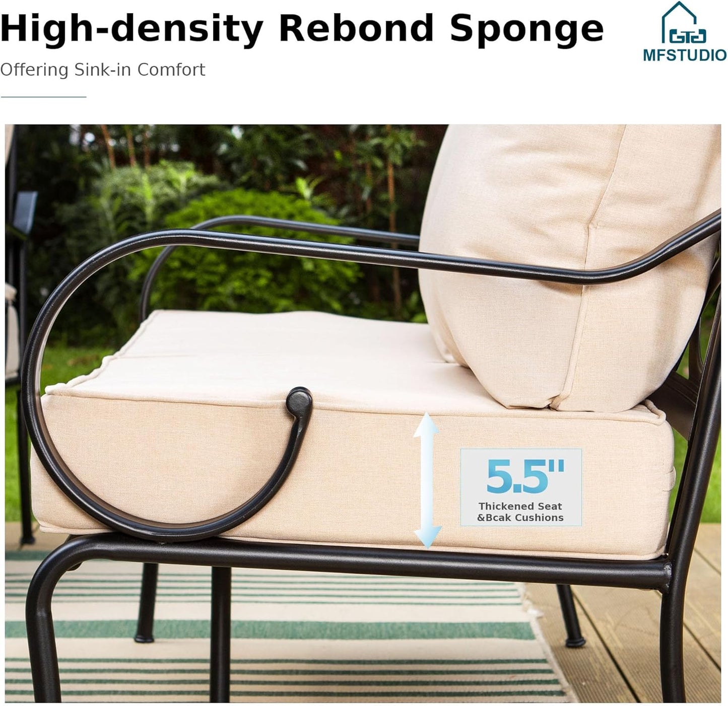 MFSTUDIO 5 Seats Large Metal Patio Conversation Sets, 4 Pieces Outdoor Sectional Furniture Sofa with 2 x Fixed Chairs, 1 x 3-seat Sofa and 1 x 45 inches Rectangular Propane Fire Pit Table