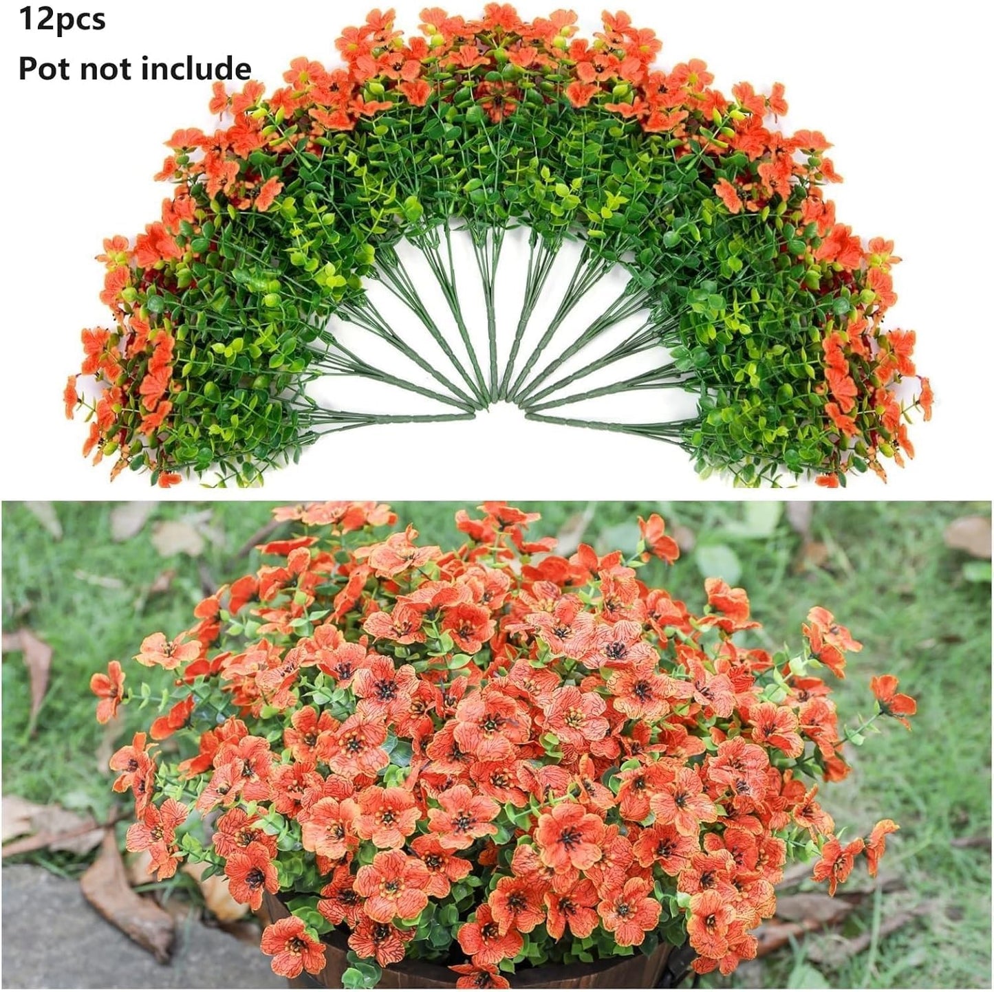 Artificial Flowers for Outdoor Indoor Garden Home Decoration, Faux Flower Daisy with Eucalyptus Leaves Fake Plants Greenery Boxwood Porch Patio, 12 Bundles Orange