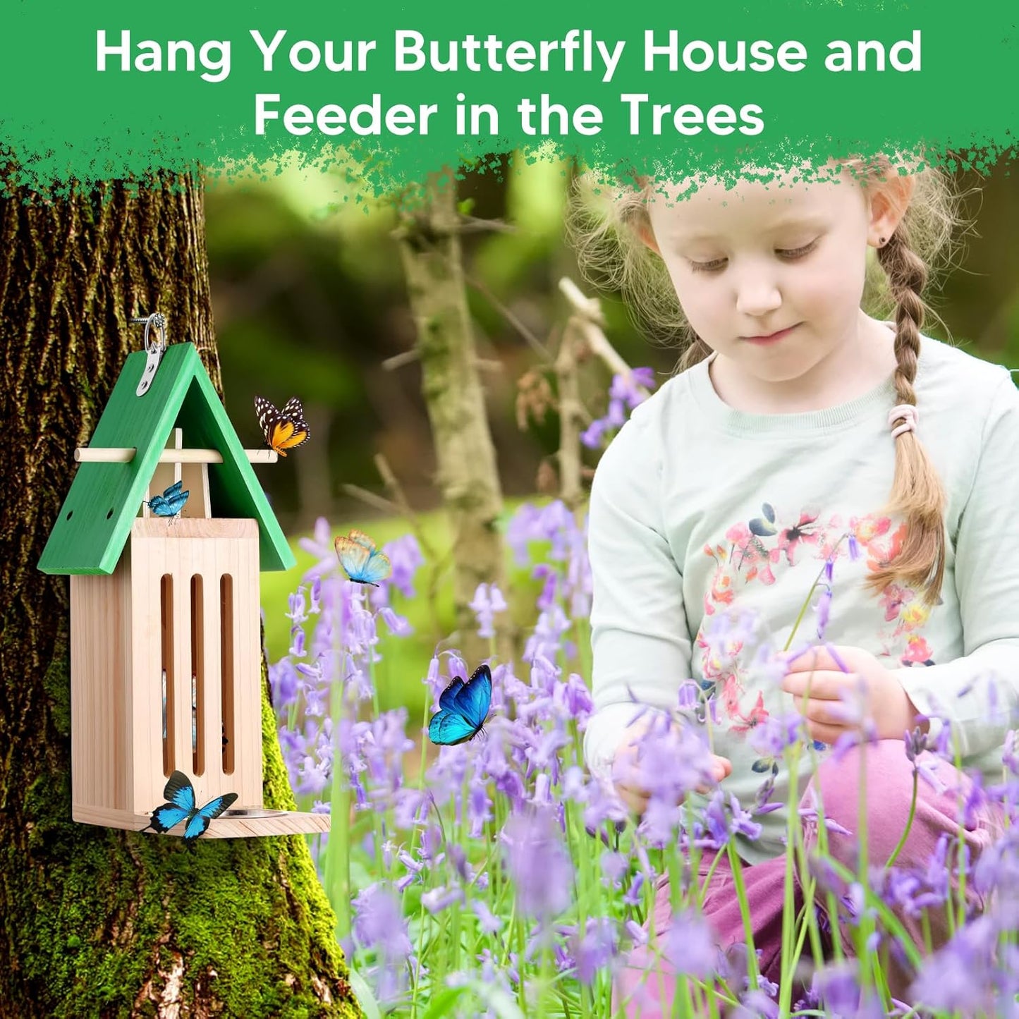 2PCS Butterfly House and Feeder for Outside, Wooden Butterfly House Butterflies Feeder for Garden, Butterflies Habitat with Puddler on Floor or Hanging on Tree Wall