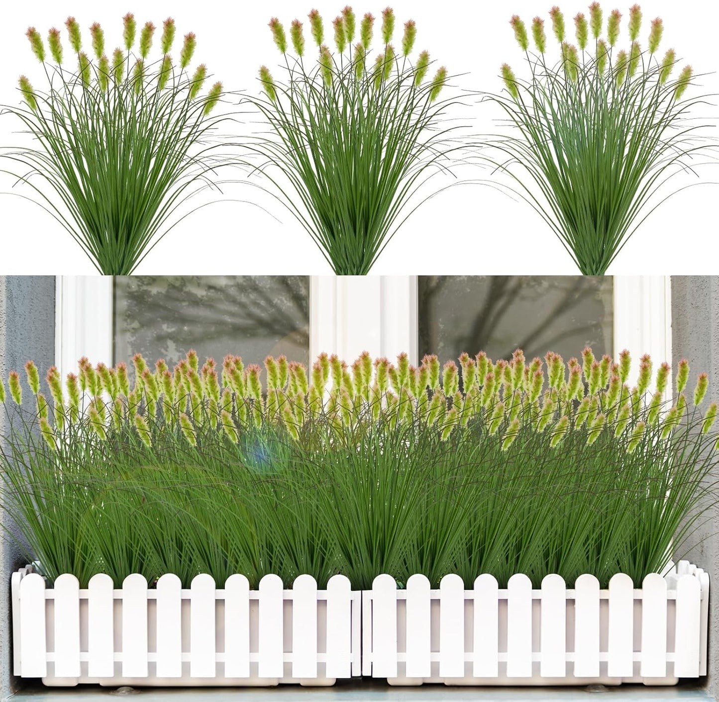 Artificial Grass Plants Outdoor 24 Bunches Fake Onion Grasses with Plush Fake Shrubs Plant Flowers Faux Greenery Wheat Sea Grass for Outside Garden Indoor House Home Office Room Décor (Green & Red）