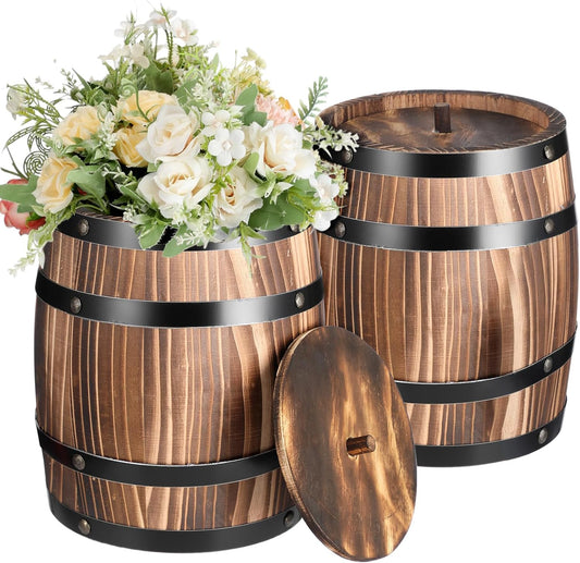 2 Pcs Wood Wine Barrel Vase 8" x 6.5" Vintage Flower Vase Container Rustic Barrel Planter for Wedding Reception Table Decoration Home Indoor Outdoor Garden Kitchen Party