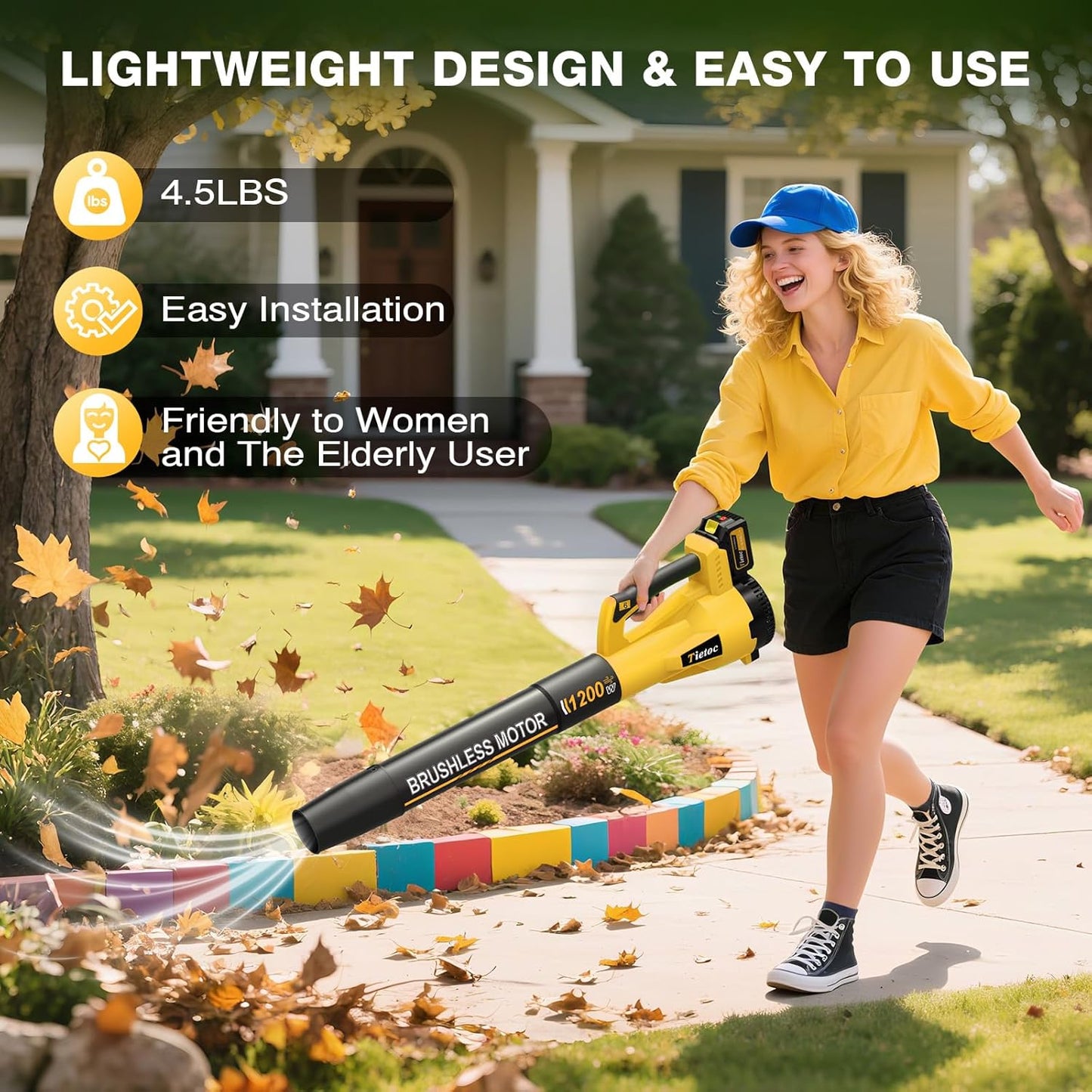 Tietoc Leaf Blower Cordless, 735CFM/200MPH Brushless Electric Leaf Blower with 2 X 5.0Ah Battery, 6 Speed Levels, 2 Extended Tube and Nozzles, Powerful Leaf Blowers for Garden, Lawn Care (Yellow)