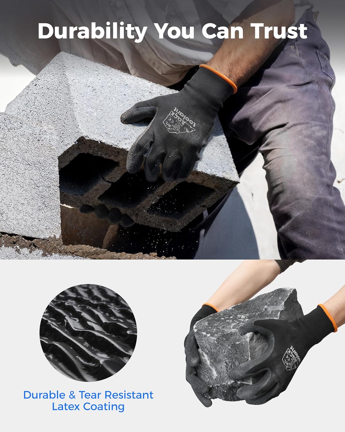 toolant Crinkle Latex Work Gloves Bulk, Rubber Coated Safety Work Gloves for Men and Women, 120 Pairs for Construction, Gardening, Warehouse (Black, XL)