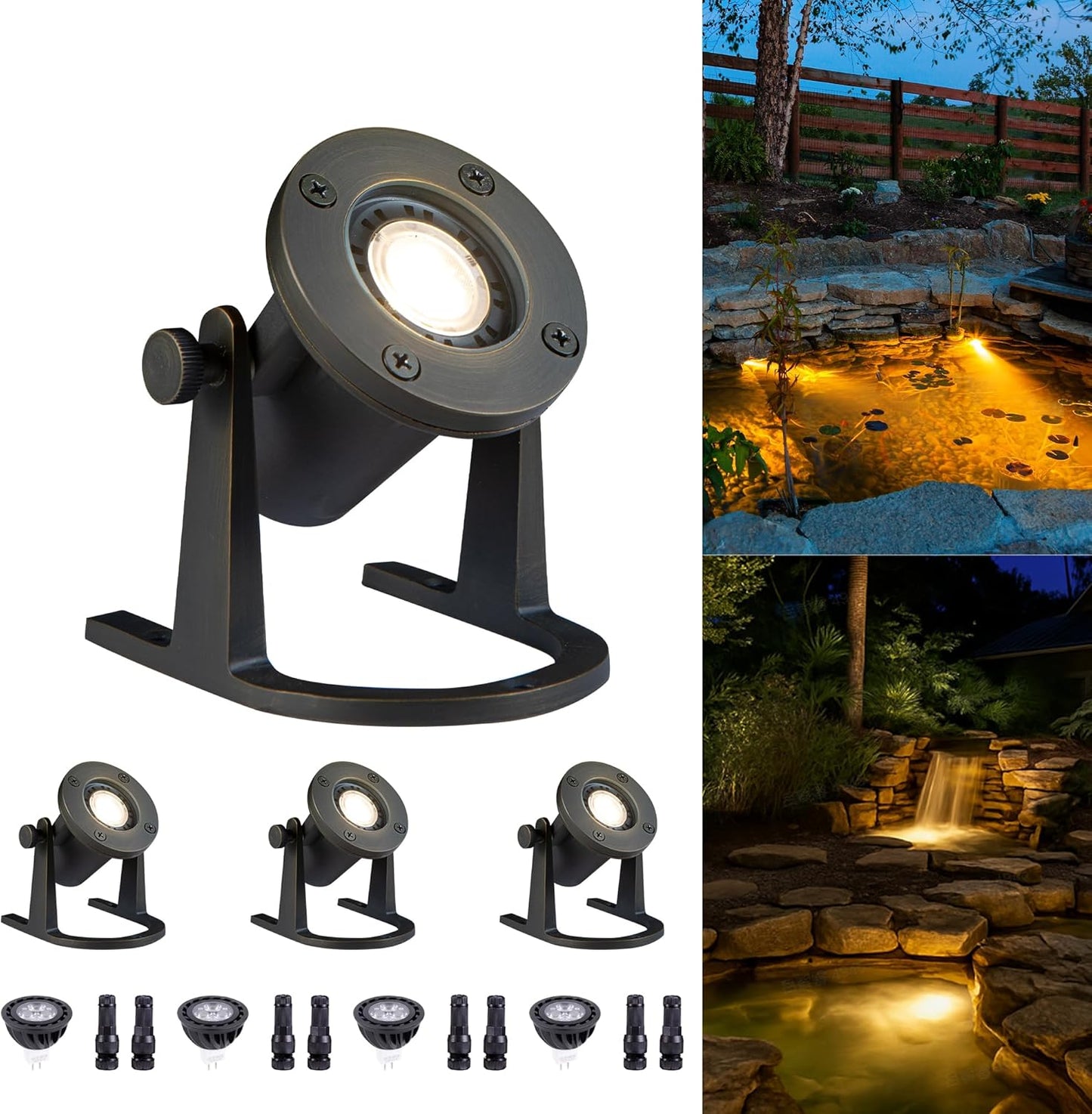 Submersible Pond Light - 12V Low Voltage IP68 Waterproof, Solid Brass Underwater Light with 4000K MR16 LED Bulb, for Water Fountains, Waterfalls, Pool and Outdoor Landscape Lighting(4 Pack)