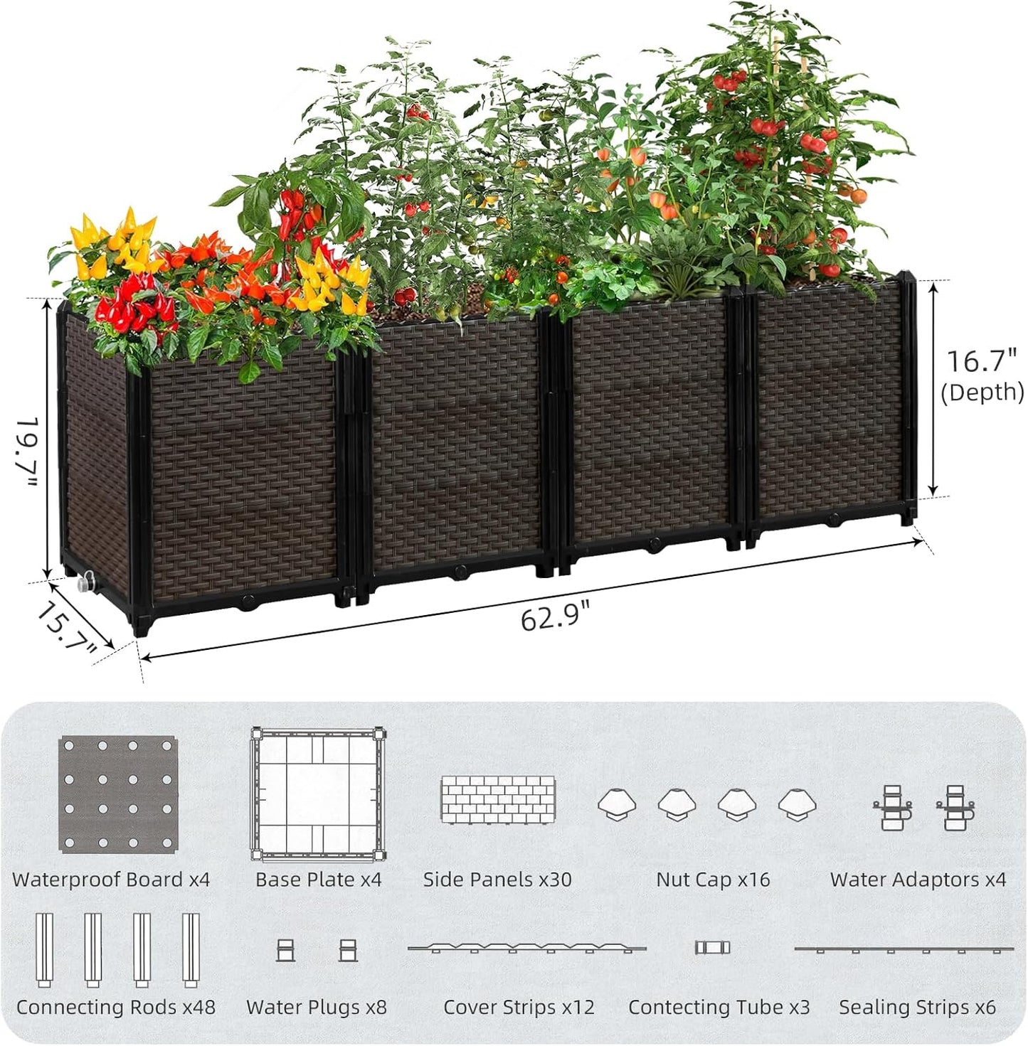 Large Raised Planter Box Outdoor Self Watering 62.9"x15.7"x19.7" , Deep Raised Garden Bed - Elevated Garden Box with Drainage Plug, Rectangular Garden Planter Perfect for Patio Balcony Deck