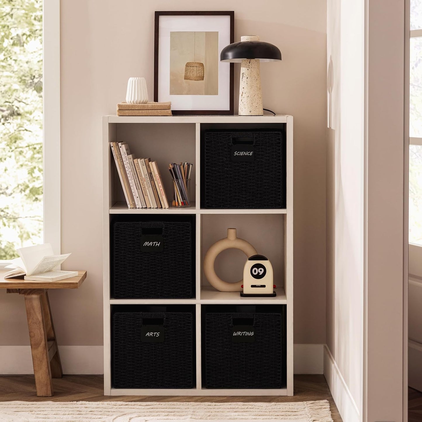 UBBCARE 4 Pack Wicker Basket, 12×12 Storage Cubes with Label, Foldable Cube Storage Bin with Handle, Square Storage Basket for Shelves, Woven Paper Rope Basket for Organizing, Black