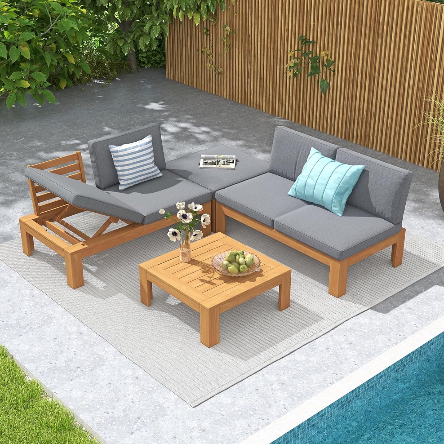 SUNSITT 4 Piece Acacia Wood Patio Furniture Outdoor Sectional Sofa Set with Adjustable Armrest, FSC Certified L-Shaped Patio Set w/2-in-1 Coffee Table, Grey Cushions