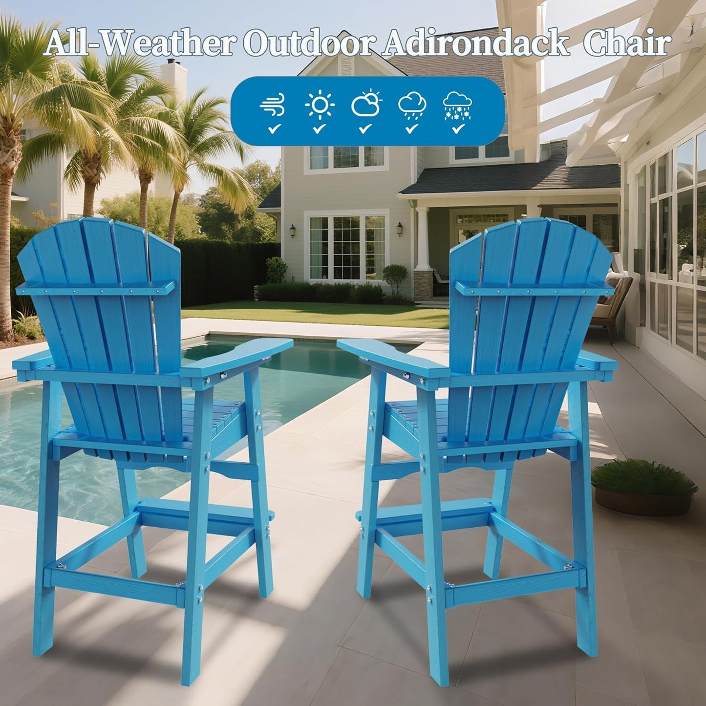 Tall Adirondack Chair Set, Outdoor Adirondack Bar Height Chairs Set of 2, 360lb Capacity HDPE Outdoor Seating for Patio,Balcony, Poolside (Blue, Set of 4)