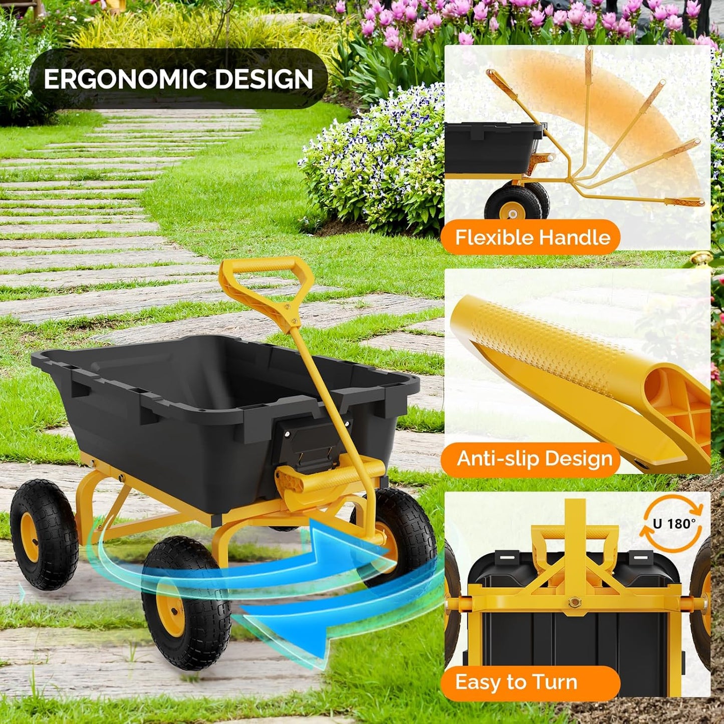 VINGLI Heavy Duty Dump Cart Wagon, 770LBS Quick-Release Dump Poly Wheelbarrow, 10in All-Terrain Pneumatic Tires Garden Wagon for Garden, Yard, Beach