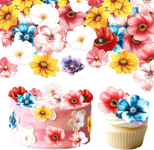 54 PCS Edible Flowers Cake Toppers Wafer Paper Flower Cupcake Toppers Hawaiian Edible Flowers Cake Decorations Mixed Size for Tropical Luau Themed Birthday Baby Shower Party Food Decor Supplies