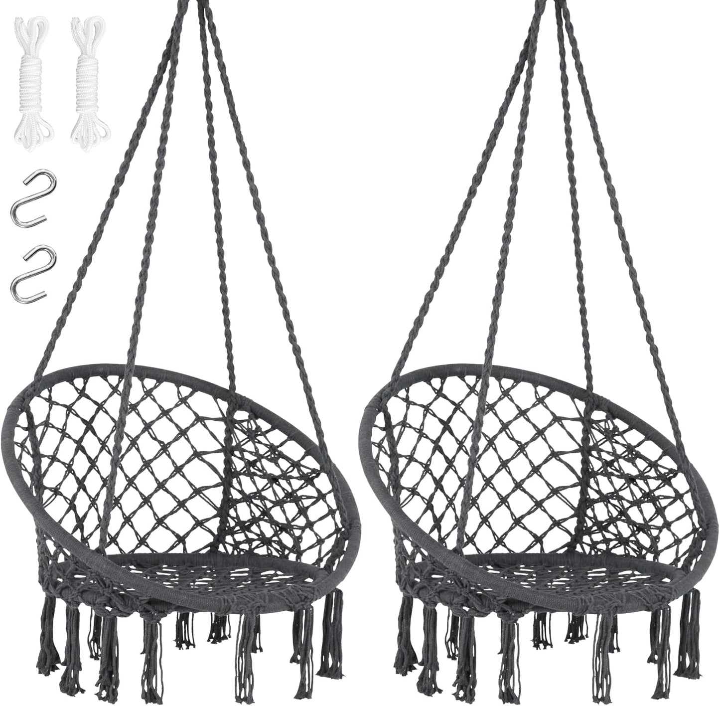 SUNCREAT Hammock Chair Hanging Macrame Swing with Hardware Kits, Max 330 Lbs, Handmade Knitted Mesh Rope Swing Chair for Indoor, Outdoor, Bedroom, Patio, Yard, Garden, Pack of 2, Grey