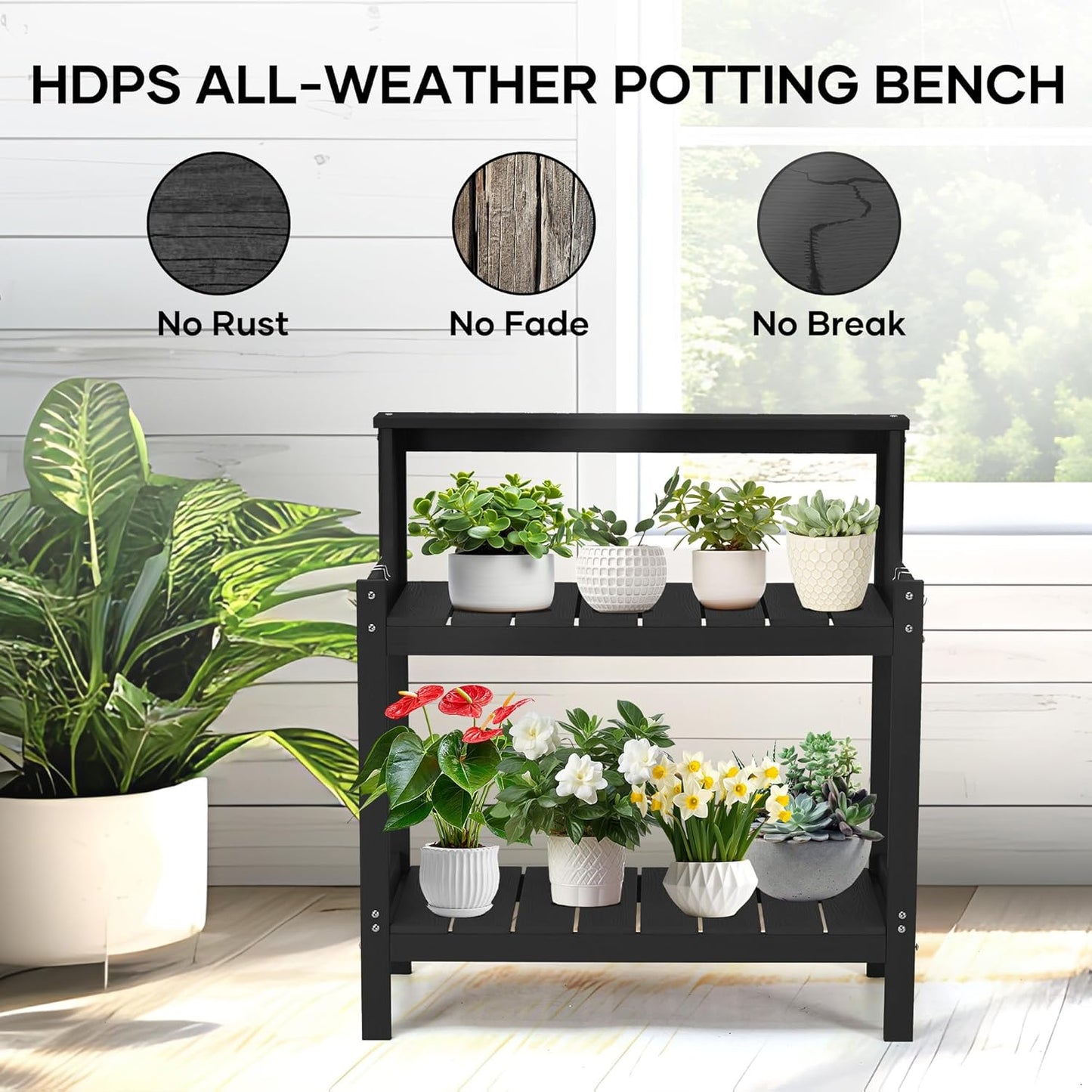Outdoor Potting Bench HDPS Potting Table with 4 Side Hooks All-Weather Garden Table Work Station 360lbs Capacity Garden Potting Bench for Porch Black