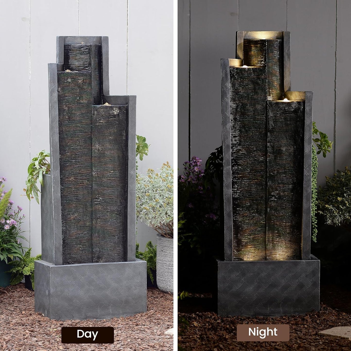 49.6" H Garden Fountains Outdoor Modern Cascading Indoor Water Fountain Tall Floor - Standing Fountain with Lights for Garden, Patio, Yard, Deck and Home Art Decor