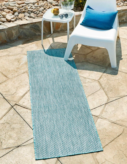 Unique Loom Collection Casual Transitional Solid Heathered Indoor/Outdoor Flatweave Area Rug (2' x 8' Runner, Aquamarine/Ivory)