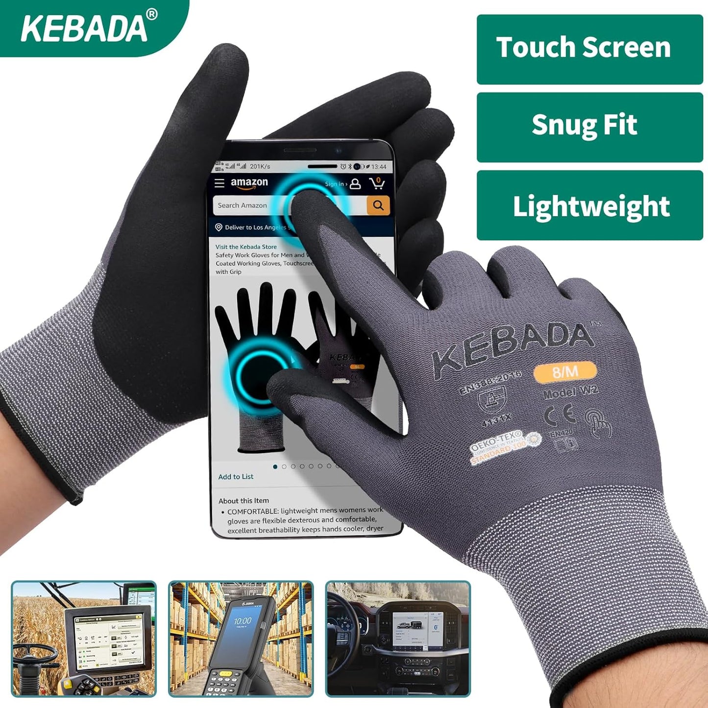 Kebada W2 Work Gloves for Men and Women, Nitrile Coated Working Gloves for Gardening, Construction, Warehouse, Safety Gloves for Work in Yard and Outdoors, 6 Pairs, Medium