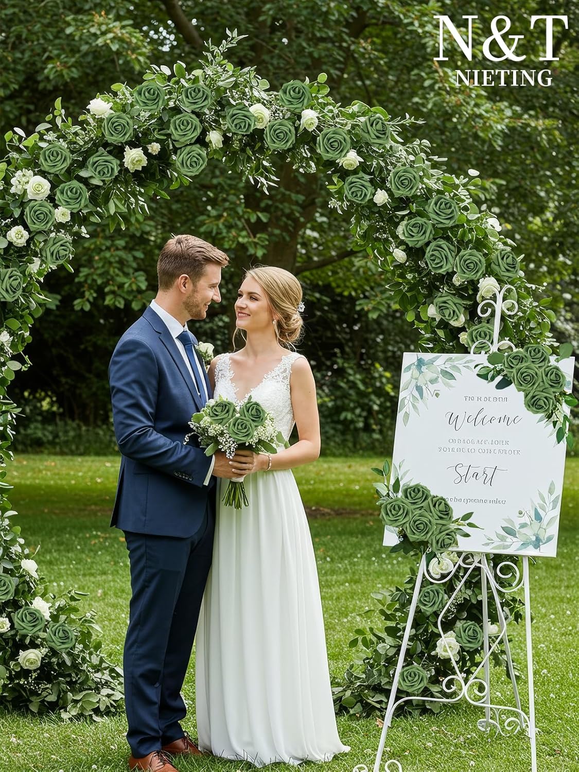 N&T NIETING Roses Artificial Flowers, 25pcs Artificial Flowers Foam Flowers with Stems for DIY Cake Decoration Wedding Party Home Decoration, Army Green