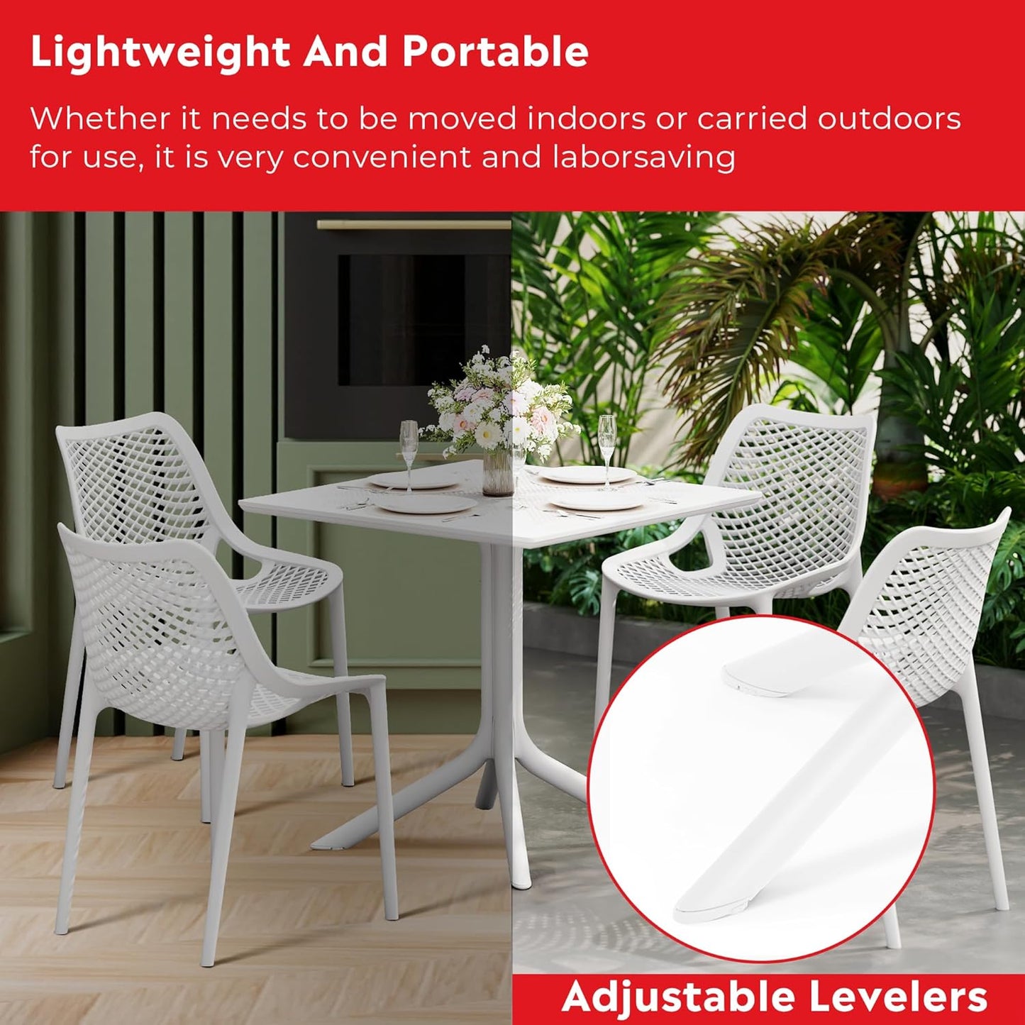 Breakfast Table Set for 4, HDPE Patio Square Dining Table and Stackable Chairs, Outdoor Small Patio Furniture Set All Weather for Backyard Porch Poolside, White