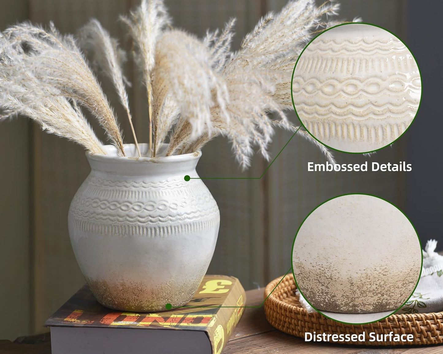 Quoowiit Ceramic Rustic Farmhouse Vase, White Distressed Flower Vase for Home Decor, Boho Decorative Vases for Centerpiece Table Decorations, Vases for Living Room Kitchen Entryway Mantle Shelf Decor