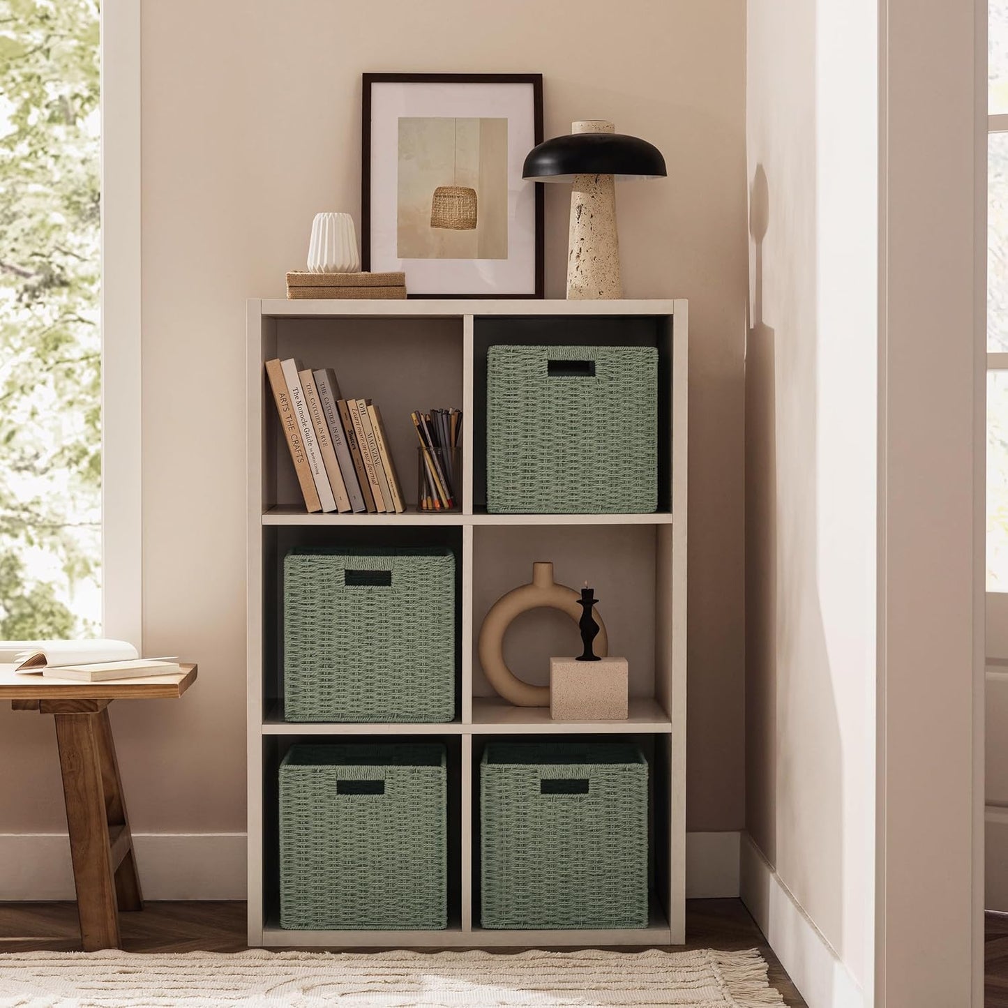 UBBCARE 2 Pack Wicker Basket, 11.8L×11.8H×11W inch Woven Paper Rope Storage Baskets for shelves, Foldable Cube Storage bin with Handle, Storage Basket for Organizing & Decor, Green