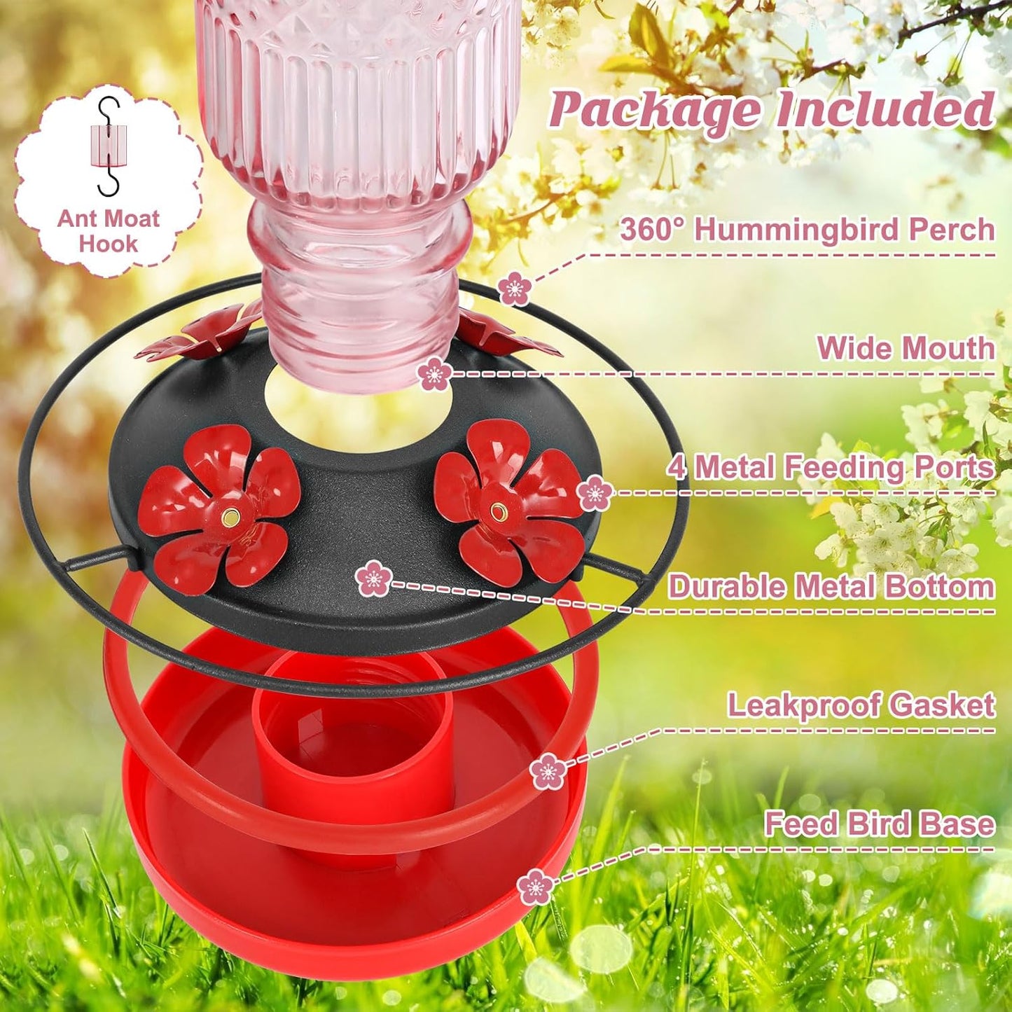 FEED GARDEN Glass Hummingbird Feeders for Outdoors, 16 OZ Pink Hummingbird Feeder with 4 Bee Guard Feeding Ports & Built-in Ant Moat, Humming Bird Feeder, Gifts for Women Mom,1 Pack