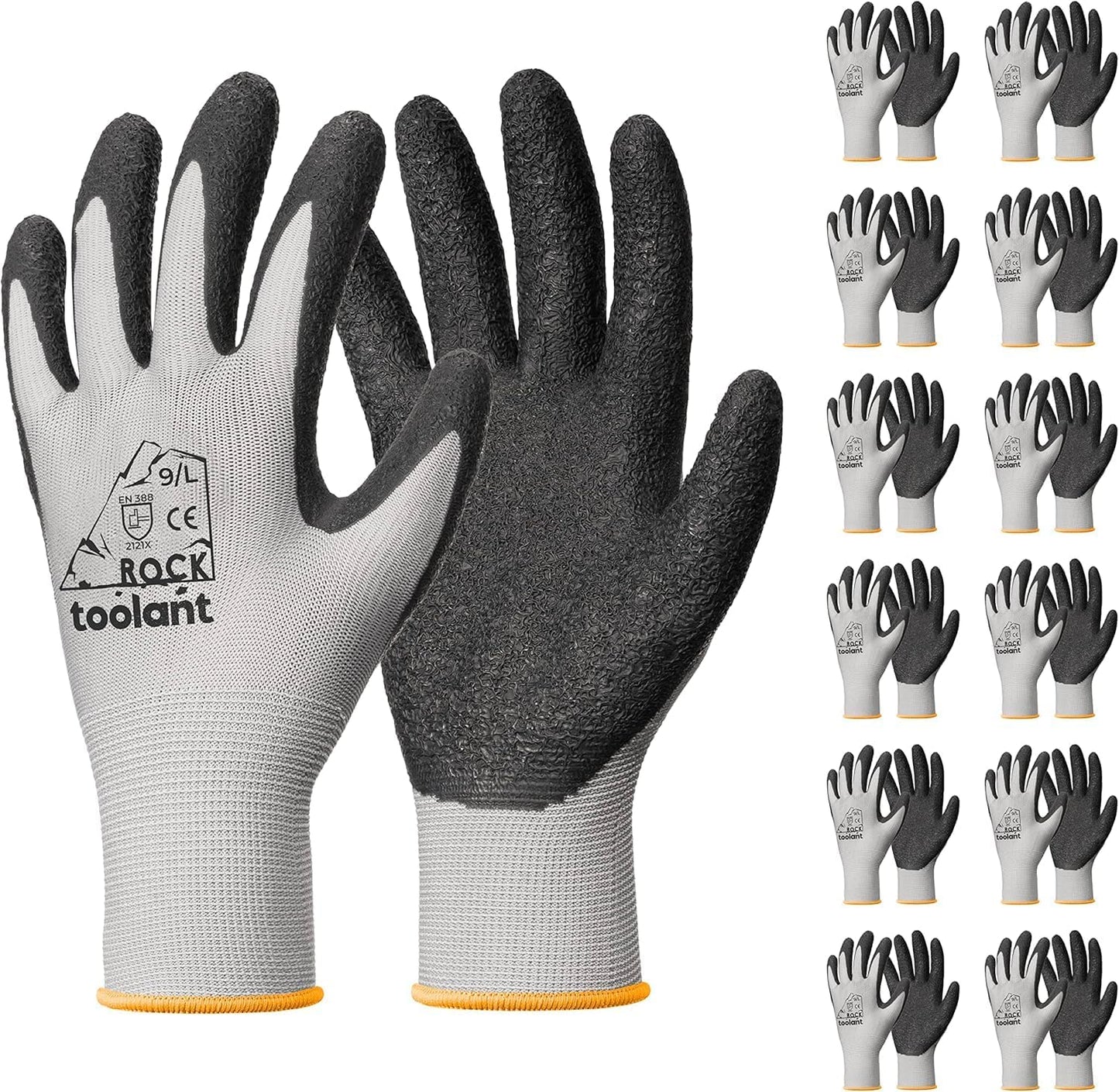 toolant Crinkle Latex Work Gloves Bulk, Rubber Coated Safety Work Gloves for Men and Women, 12 Pairs for Construction, Gardening, Warehouse (Gray, Large)