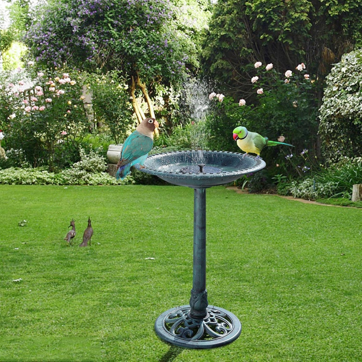 VINGLI 28 Inch Pedestal Bird Bath Solar Fountain Birdbaths with Steel Ground Anchors Weather Resistant Resin Antique Green Garden Decor for Outdoor Lightweight Courtyard…