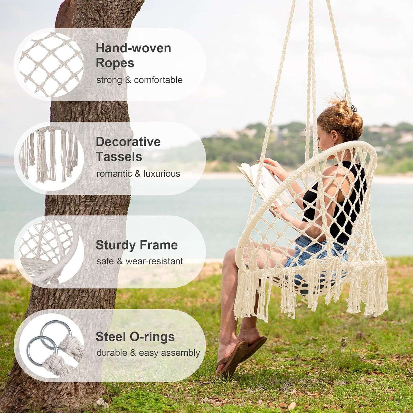 SUNCREAT Hammock Chair Macrame Swing with Side Pocket, Hanging Cotton Rope Hammock Swing Chair for Indoor and Outdoor Use, 330 lbs Capacity, Pack of 2, Beige